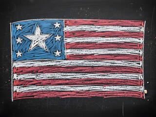 Patriotic American Flag Hand-Drawn with Chalk on a Dark Classroom Chalkboard