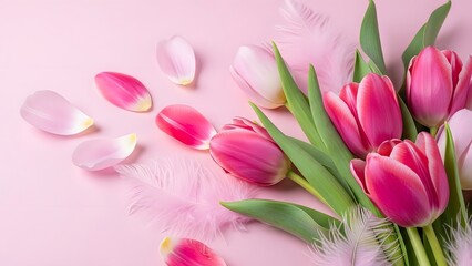 Obraz premium Pink tulips and petals on soft pink background floral arrangement