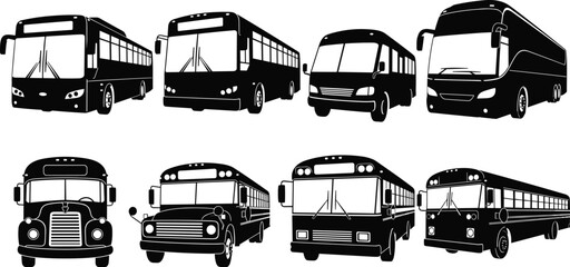 Collection of black bus silhouettes including school buses, city transit, tour coaches and shuttle vans isolated on white background for design © Itz  Parvin