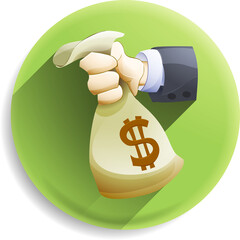 Isometric 3D icon of a hand holding a money sack with dollar sign, fintech illustration, smooth rounded geometry, vibrant soft lighting
