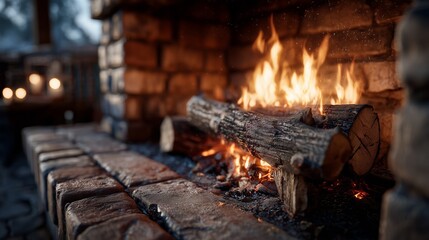 Fototapeta premium Warm Fire in Brick Fireplace with Burning Logs and Flames