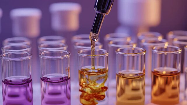 Lab test tubes with colorful liquids and a dropper