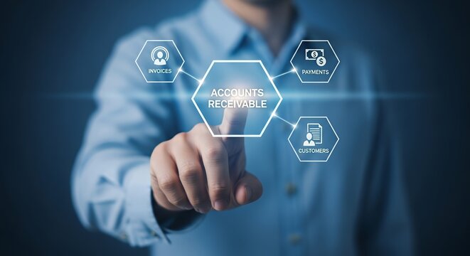 A professional in a suit points to a digital interface displaying accounts receivable elements