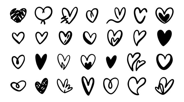 Crayon and chalk hand drawn heart collection. Love scribble, ink marker doodles for Valentine's Day. Romantic vector elements isolated on white. Artistic symbols for wedding and card design.