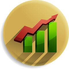 3D illustration of a rising bar chart with an upward red arrow, glossy plastic style, golden gradient background, clean modern UI icon, soft lighting, minimal design, high detail