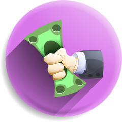 Hand grabbing money in a 3D clay style, soft shadow, minimal flat design background, colorful gradient circle frame, modern fintech concept illustration