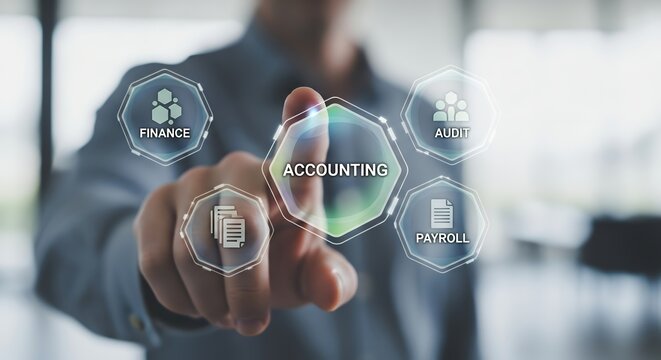 A professional points to accounting services on a digital interface