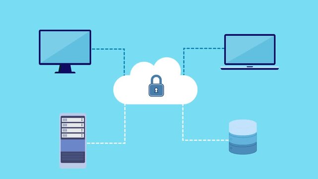 Flat vector illustration of a secure cloud with a lock icon connected to desktop, laptop, server, and database, representing protected cloud data network and system security on a light blue background