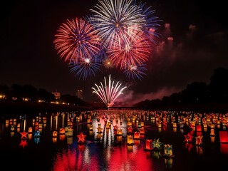 Spectacular night sky illuminated by vibrant fireworks and glowing lanterns on water
