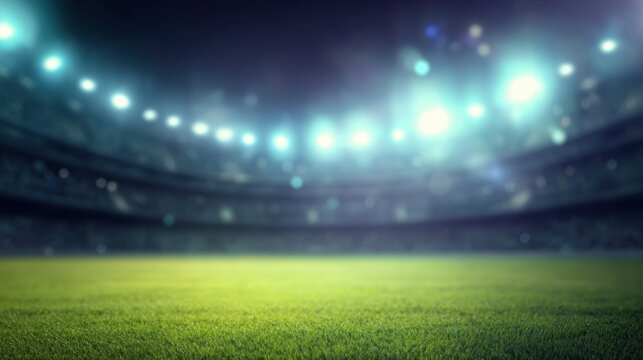 blurred background of an empty soccer stadium with green grass and spotlights
