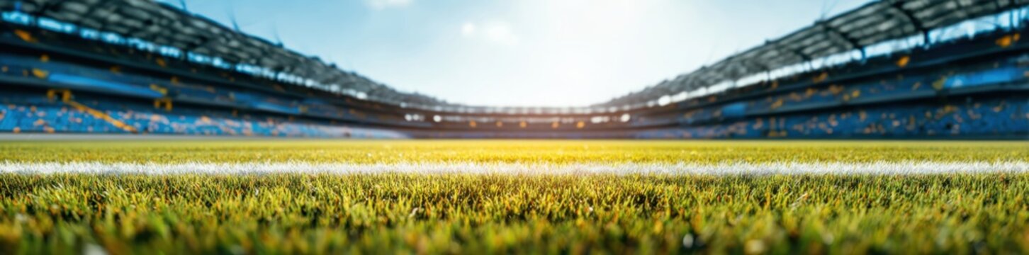 blurred background of an empty soccer stadium with green grass and blue sky