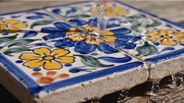 Close-up of a Hand-Painted Mexican Talavera Tile Being Drizzled with Clear Water.