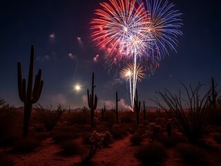 Spectacular desert fireworks display illuminating the night sky