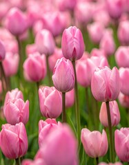 Obraz premium Pink tulips blooming in spring garden field with soft light