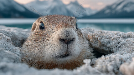 Groundhog Day. The groundhog sticks out of his hole.