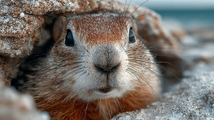 Groundhog Day. The groundhog sticks out of his hole.