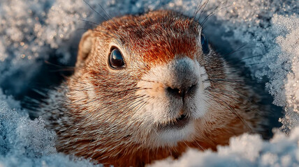 Groundhog Day. The groundhog sticks out of his hole.