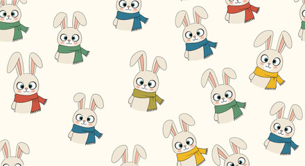 Fototapeta premium Adorable seamless pattern of cute cartoon rabbits wearing colorful scarves for a cozy and whimsical winter design.