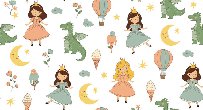 Whimsical seamless pattern featuring little princesses, friendly dragons, hot air balloons, and sweet ice cream cones.