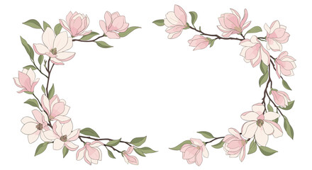 Elegant floral border design featuring delicate pink magnolia blossoms on dark branches with green leaves on a white background.