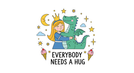 Obraz premium Charming illustration of a princess hugging a friendly green dragon surrounded by stars, clouds, moons, and pink ice cream cones.