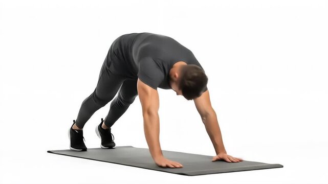 A concentrated man in athletic wear performs a dynamic core strengthening exercise, moving from a quadruped position to a plank, captured against a clean white backdrop.