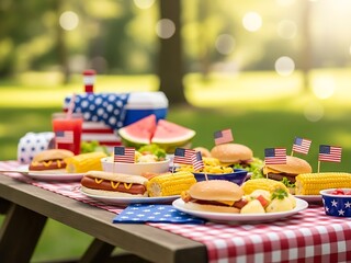 Outdoor Summer Celebration Picnic with Patriotic Decorations and Classic American Barbecue Food