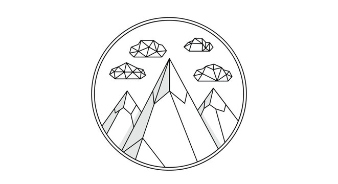 Modern geometric mountain landscape icon in a circular frame featuring stylized peaks and polygonal clouds in a minimalist black and white design.