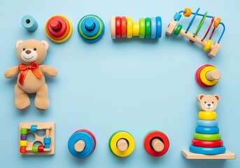 Obraz premium Colorful Toys Frame on Blue Background - Playful Learning and Development.
