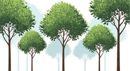 Fototapeta premium Lush forest scene featuring multiple layers of green trees with dense foliage against a clean white background for nature concept.