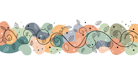 Naklejka premium Colorful abstract horizontal banner featuring flowing green and orange shapes with delicate black line leaf sketches and vine patterns.