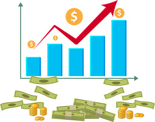 Financial growth illustration with blue bar chart increasing from left to right, red upward arrow showing profit, floating dollar symbols, cash and gold coins at the bottom, clean white background, mo