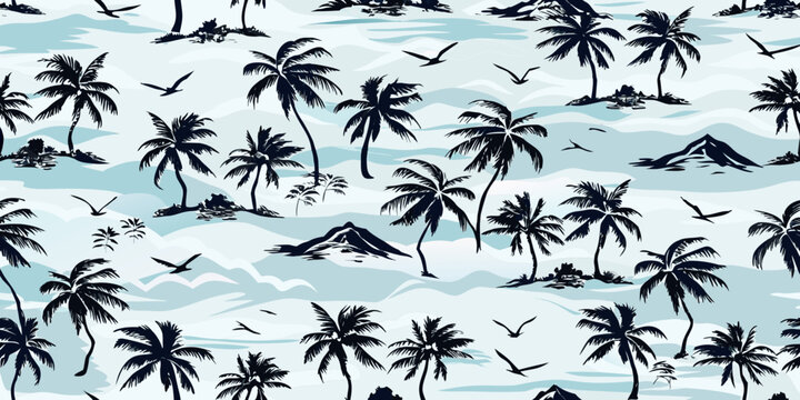 Tropical palm tree and bird seamless pattern on a light background