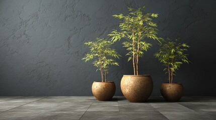 Three potted green plants stand against a textured dark gray wall on a tiled floor