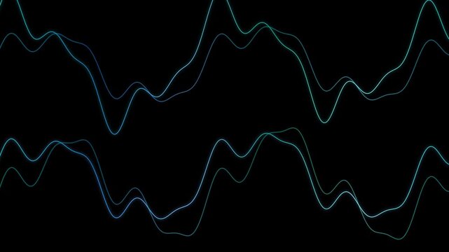Abstract flowing waveform animation, blue and green neon lines on black background, perfect looping