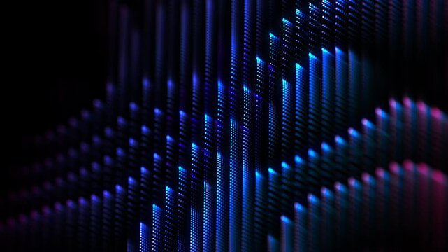 Flowing digital data waves made of glowing particles on dark background. Abstract technology background, artificial intelligence (AI) and digital sound equalizer concept. Smooth wave motion, 4K looped