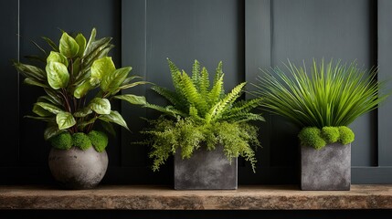 Three diverse potted foliage plants rest upon a wooden surface against a dark paneled wall.
