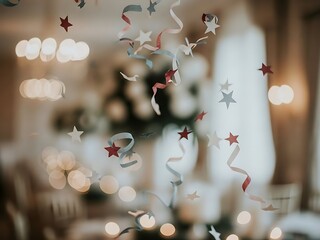 Falling Confetti and Sparkle Streamers at an Elegant Celebration with Warm Bokeh Lighting