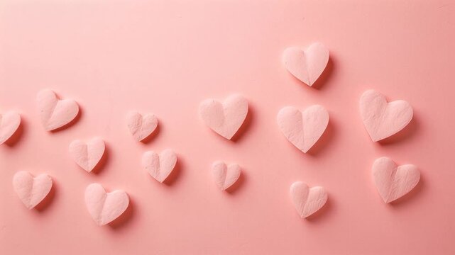 Shifting camera moving right and closer on matte pink backdrop, emphasizing pink paper heart folds