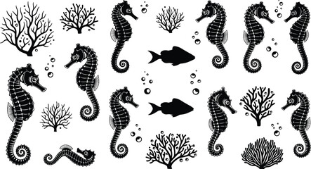Collection of black seahorse silhouettes with coral reef elements and bubbles, marine life vector set isolated on white background for design © Itz  Parvin