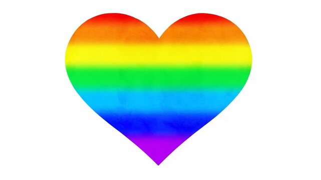 Scene flipping white, heart, red outline filling from blue blotch and yellow drops into rainbow