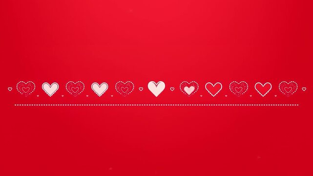 Pulsing heart row shifting highlight across studio red gradient, with dotted baseline and particles