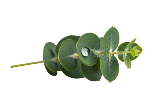 Close-up macro of a vibrant eucalyptus sprig with silvery-green glaucous leaves and a glistening water droplet, resting on a white surface against a clean transparent background. Concept of pristine