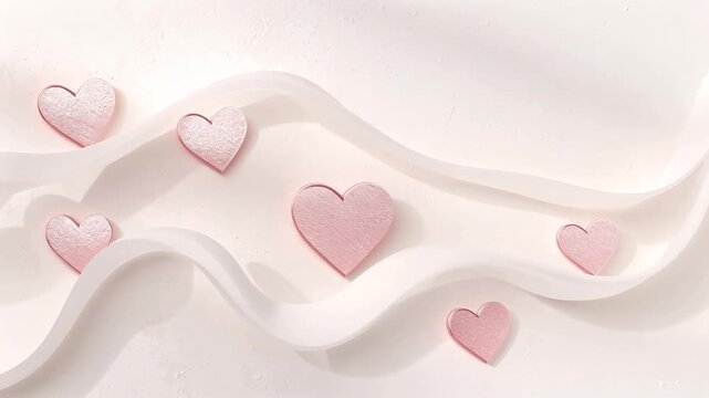 Moving camera and light capturing pale-pink hearts on 3 waves on studio set showing soft shadows