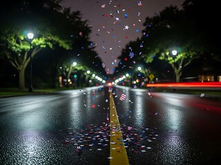 Confetti falling on a wet road lined with trees and streetlights at night