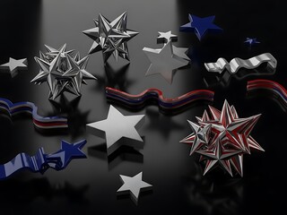 Vibrant 3D Rendering of Patriotic Stars and Ribbons in Red, White, and Blue for National Celebrations