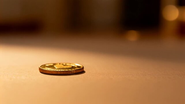 Spinning after push, gold coin wobbling, tilting, settling on warm table, with heart motif and blur