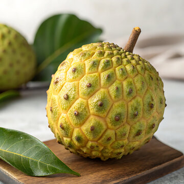 Close-up of fresh green mamoncillo fruit on wooden cutting board with leaves