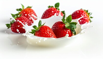 Fresh strawberries splashing into white milk creating dynamic motion