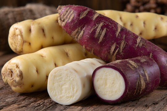 Arracacha root vegetables on rustic wooden background
